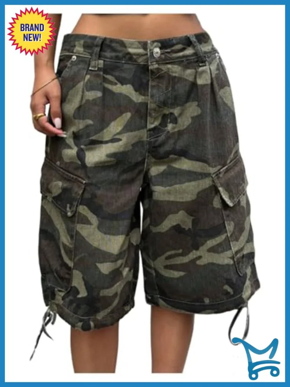 Women's Camo Denim Cargo Shorts Letter Graphic Baggy Bermuda with Flap Pockets